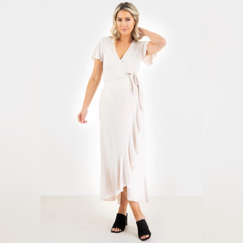 Maternity Faux Wrap Butterfly Sleeve Dress with Ruffles
